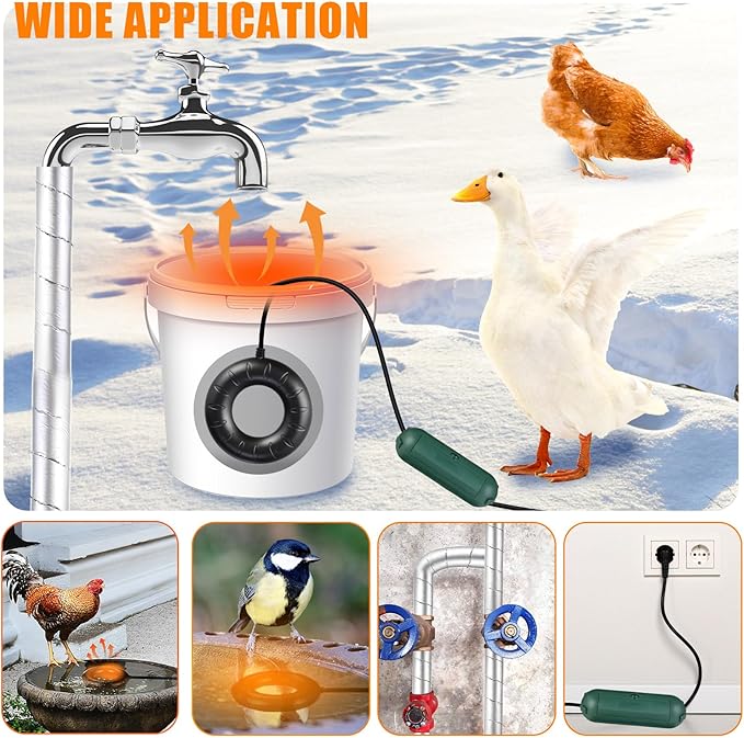 3 Pcs Submersible Water Heater Bird Bath Heater Chicken Waterer De-icer Water Trough Outdoor for Farm Pond Winter Poultry Livestock Tank Horse Drink, Pipe Tape Cord Cover(Black,70 W)