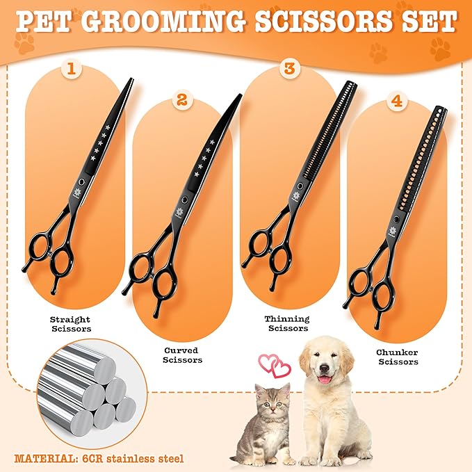 Dream Reach Dog Grooming Scissors - Professional 7.5 Inch Pet Scissors Sharp and Durable Shears Set Thinning, Chunker, Straight, Curved Shears and Comb for Dog Cat Pet, Black