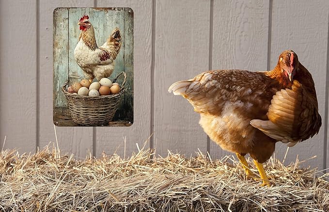 Retro Funny Chicken Tin Sign,Vintage Chicken Coop Metal Poster, Farm Wall Art Decor for Outdoor Home Fence Kitchen Bedroom,Gifts 8×12 Inches (CHICKEN&EGG)