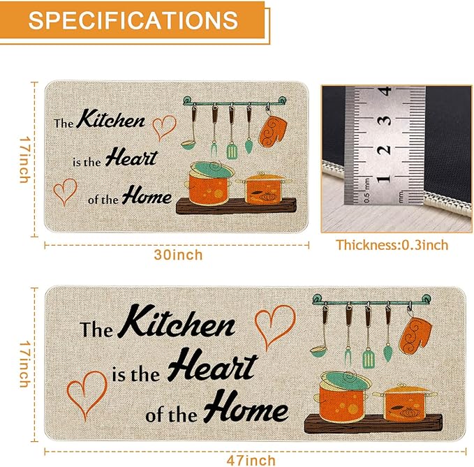 The Kitchen is The Heart of The Home Kitchen Mats Set of 2, Non-Slip Rubber Back Kitchen Rugs, Seasonal Holiday Cooking Sets Washable Floor Mat for Home Kitchen Decor - 17x29 and 17x47 Inch