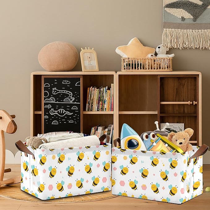 Cute Bee Storage Basket,Collapsible Storage Bin Cubes for Living Room Bedroom Blankets Home Storage 17x11.5x10Inch