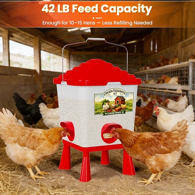 Automatic Chicken Feeder and Waterer Set, Chicken Coop Accessories - 5 Gallon Poultry Nipple Waterer with Stand, Easy Top Fill Chick Feeder (Red)