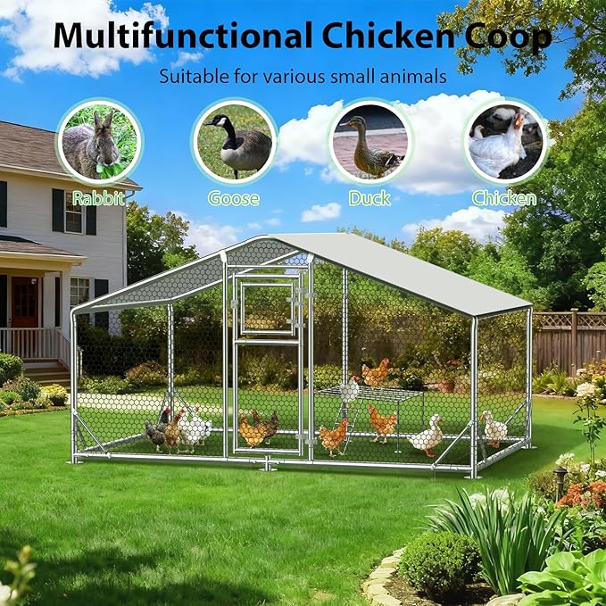 10x6.5 FT Metal Chicken Coop with Perch, Functional Split Door Chicken Coop Run with Cover & Hardware Cloth,Heavy Duty Chicken Pen with Aluminum Frame, Easy Setup Animal Run for Hen, Duck, Goat