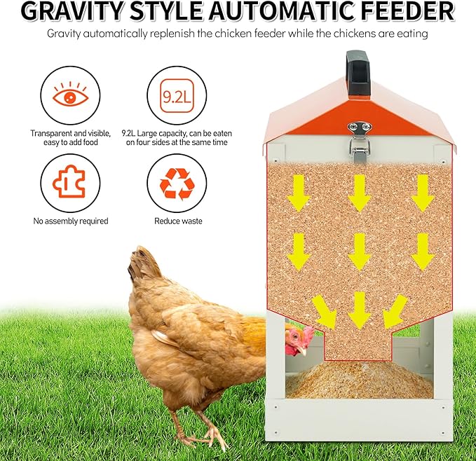 Galvanized Wall Mount Chicken Feeder No Waste Hanging Chicken Feeder with Lid Metal Automatic Poultry Feeder Trough Food Dispenser No Spill Mess Free for Chicken Duck Quail Geese Turkey
