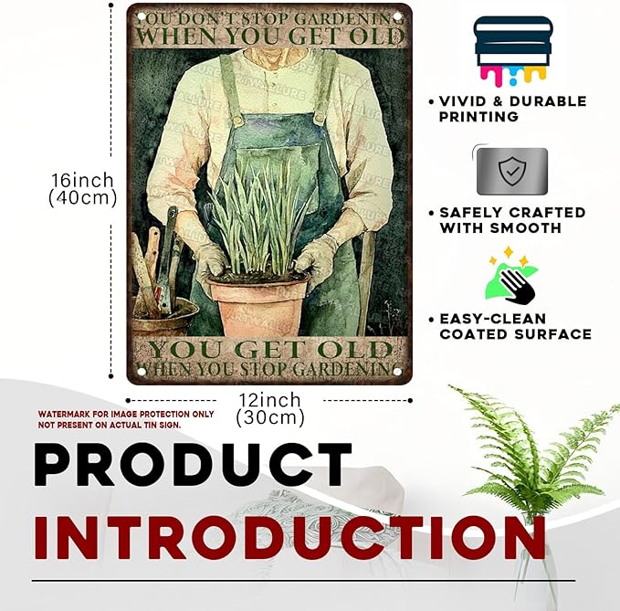 ARTWALLURE Vintage Gardening Tin Sign Metal Wall Decor Rustic Farmhouse Theme You Get Old When Stop Gardening Saying 12x16inch