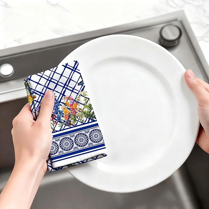 Blue and White Kitchen Towels Set of 4, Blue Wildflower Decorative Tea & Hand Towels, Chinoiserie Dish Towel Dishclothes for Drying Cleaning, Spring Summer Kitchen Decor & Gifts for Cooking Lover