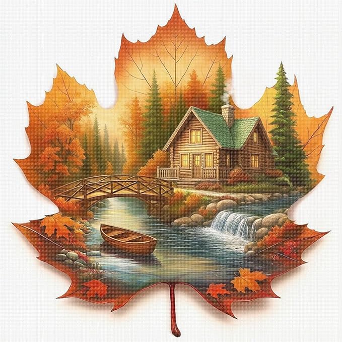 Maple Leaf Cabin Stamped Cross Stitch Kits for Adults Beginners - 45x45cm 11CT Pre-Printed Embroidery Needlepoint Starter Kit, DIY Craft Perfect for Fall Home Wall Decor, Thanksgiving Gift,
