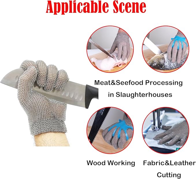 Chainmail Gloves for Cutting Meat&Food,Highest Level Cut Resistant Gloves Food Grade,Spring Wristband,Stainless Steel Metal Mesh Glove,Safety Work Cut Proof Glove for Chef/Butcher (XL)