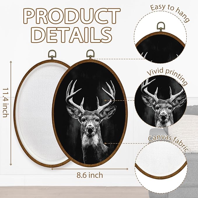 WULQYING Vintage Deer Wall Art Decor, Moody Dark Academia Stag Oval Framed Canvas Art Prints, Rustic Farmhouse Forest Animal Wall Hanging Decor for Home Bedroom Living Room, 8.6x11.4 Inches