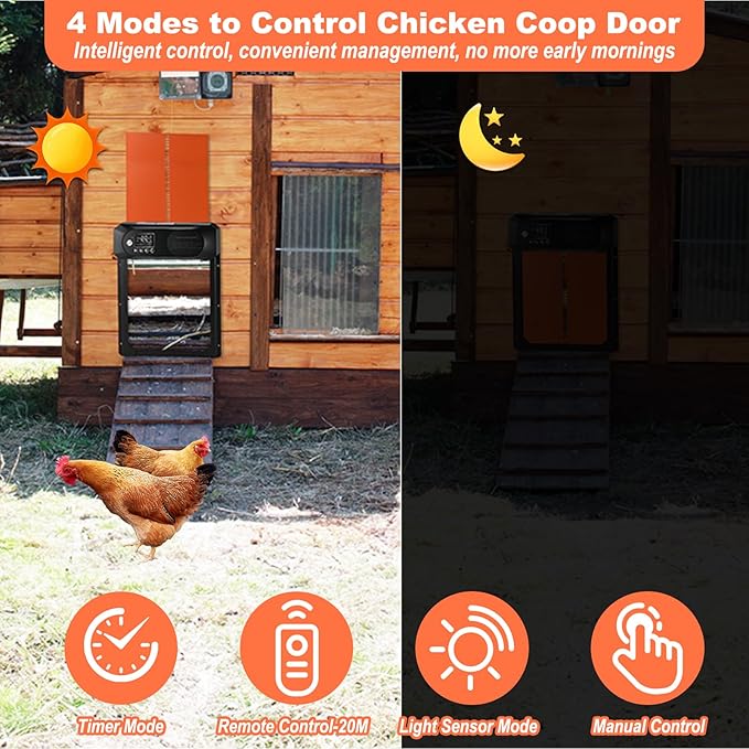 Automatic Chicken Coop Door Solar Powered with Remote Control, Auto Chicken Door with Timer & Light Sensor, Anti-Pinch Safety, Waterproof Aluminum Chicken Door with LED Display