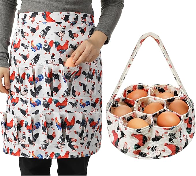 2 Pcs Egg Collecting Apron Chicken Egg Gathering Basket with 7 Pouches Holding Apron with 15 Pockets