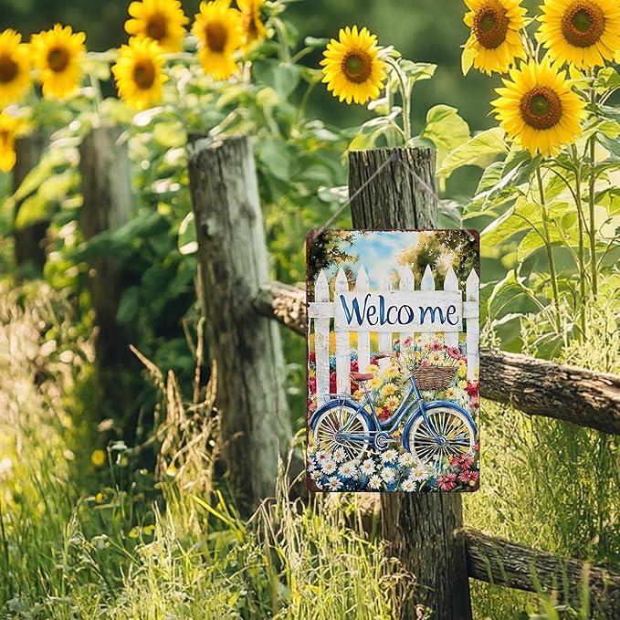 Spring Garden Vintage Tin Sign Bike Welcome Gardening Metal Sign for Home Garden Greenhouse Living Room Bedroom Outdoor Decor 8x12inch