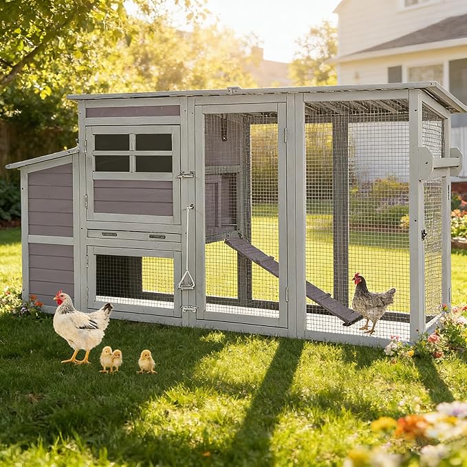 Aivituvin Chicken Coop Hen House, Large Outdoor Wooden Poultry Cage with Ramps, Run, Nesting Box, Removable Tray, Weather-Proof Chicken Cage (Grey, AIR31)