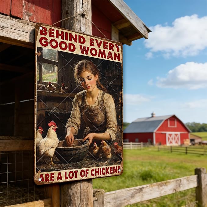 Garden Chicken Vintage Tin Sign Behind Every Good Woman Are A Lot Of Chickens Wall Decoration Poster For Home Garden Kitchen Yard Farm 16x12 Inch