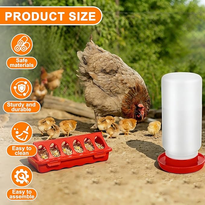 12 Pcs Chick Waterer and Feeder Kit 12-Hole Flip-top Chicken Feeders 1 L Chicken Water Dispenser 1.5 L Hanging Waterer & Feed Scoop Chick Starter Kit for Poultry Brooder