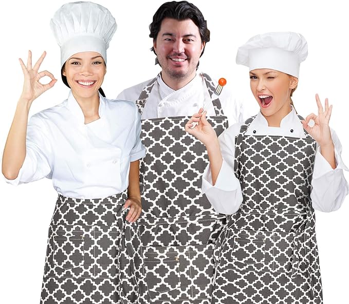 LessMo Kitchen Cooking Aprons with 3 Pockets for Men Women - Cotton Adjustable Professional Grade Chef Apron for Kitchen, BBQ & Grill (Dark Gray)