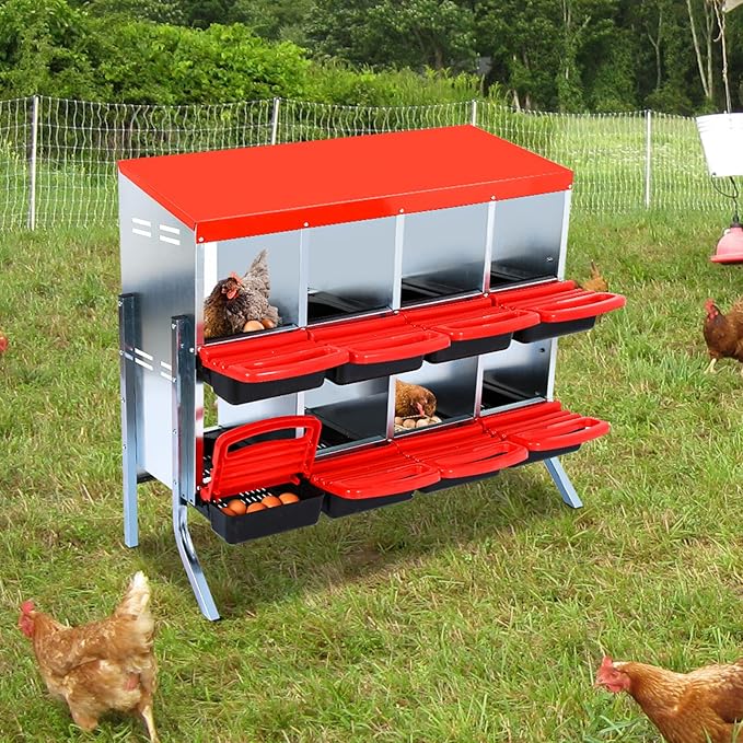 8-Compartment Roll-Away Metal Chicken Nesting Box – Durable Hen Laying Box with Protective Lid, Easy Egg Collection, Sturdy Stand with Bracket Legs, Red