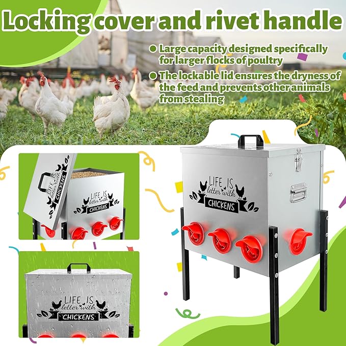50LB Large Automatic Chicken Feeder Galvanized Metal Chicken Feeders with 8 Feeding Ports No Waste Outdoor Poultry Feeder with Adjustable Height Legs and Locking Lid for Chickens and Ducks