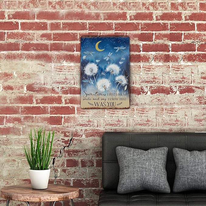 Sanwarm Metal Sign 8X12 Inch, Just Look Up Smile Say I Know That Was You Dragonfly Dandelion Inspiring Vintage Tin Sign Wall Art Decor for Home, Living Room, Bedroom, Office, Cafe And Pub Decoration