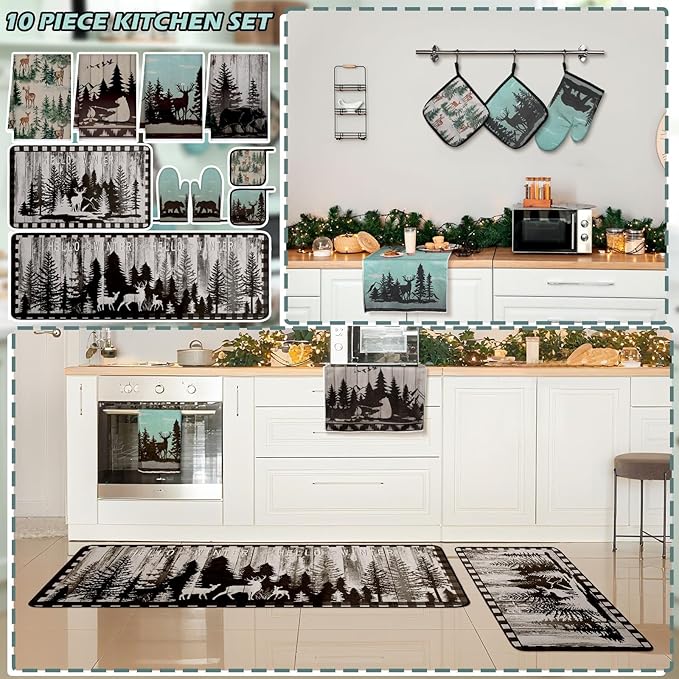 10 Pcs Farmhouse Kitchen Decor Set Dish Towels Kitchen Rugs Oven Mitts and Pot Holders for Cooking Baking Grilling Women Mom Daughter Gift (Brown,Green,Forest)