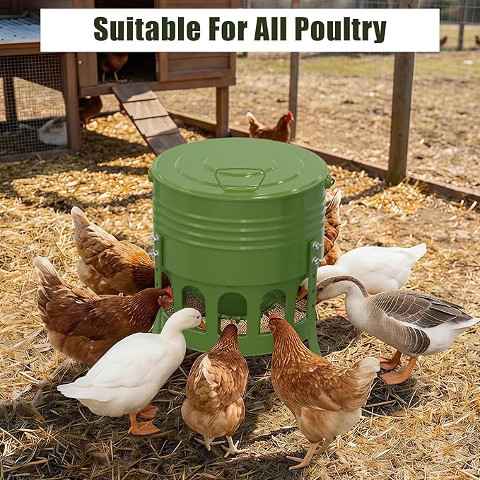 Metal Chicken Feeder No Waste, 20 Lbs Large Automatic Chicken Feeder with 12 Ports, Adjustable Height Poultry Feeder with Lid & Handle, Rat Proof Rust Proof Feed Box for Poultry & Backyard Chickens