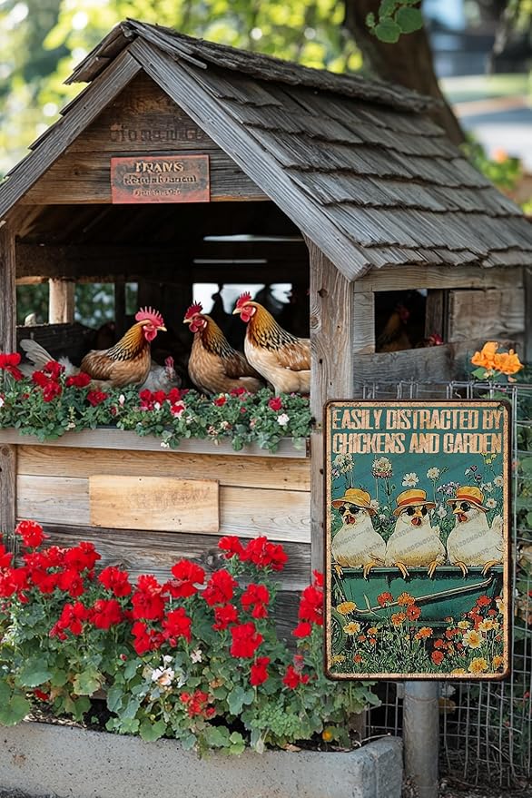 Vintage Hen Signs Easily Distracted By Chickens And Garden Metal Sign For Garden Home Bar Office Wall Art 16x12 Inch