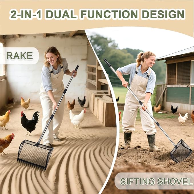 XOTTI 12 Inch Large Chicken Poop Scooper & Rake 2-in-1, Metal Chicken Coop Scoop with 36 to 75" Adjustable Stainless Steel Handle, Durable Sand Litter Sifting Shovel for Farm Animals