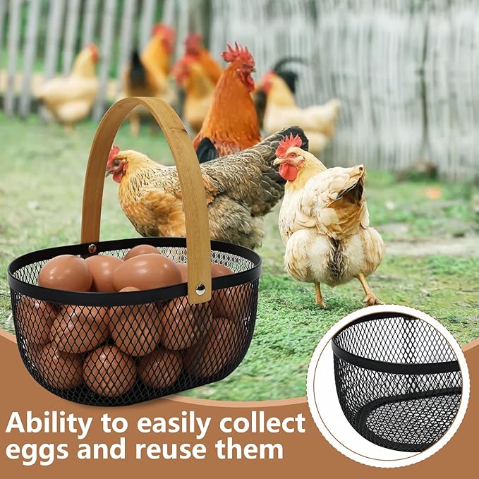 Farmhouse Egg Baskets for Gathering Fresh Eggs, Oval Metal Egg Collecting Basket Egg Holder with Wooden Handle, Countertop Kitchen Decor