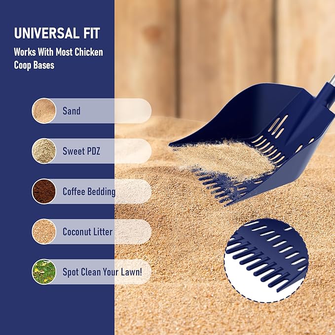 Chicken Poop Scooper & Rake, 2-in-1 Chicken Poop Pooper Shovel with 3-Shape Sifting Holes, 39 to 68" Chicken Coop Rake Stainless Steel Handle Litter Shovel for Small Farm Animals