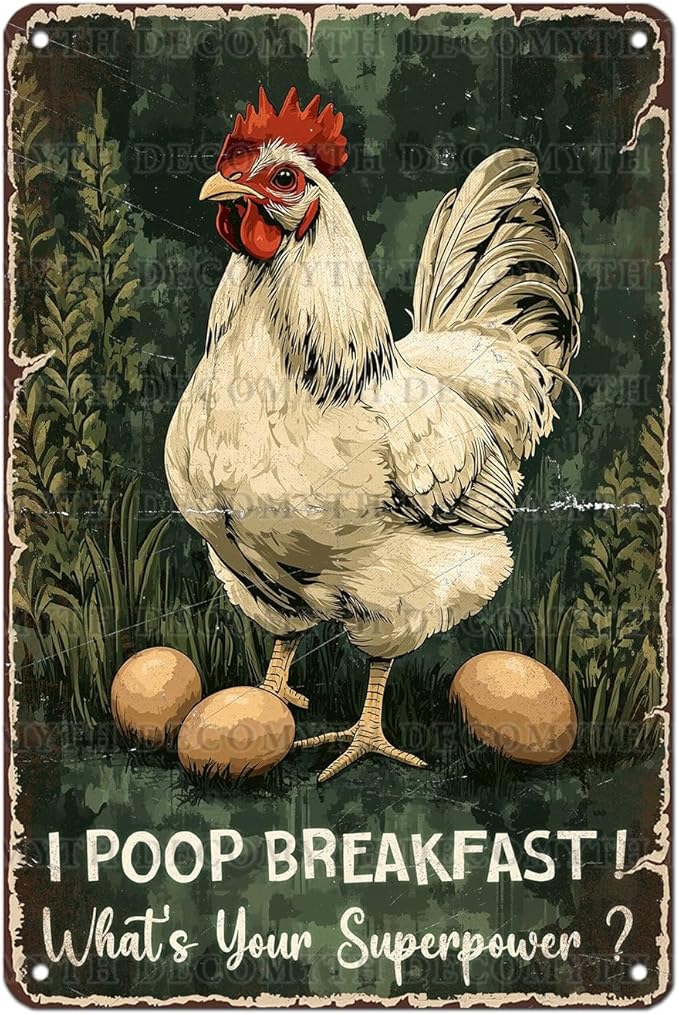 Vintage Chicken Tin Sign I Poop Breakfast Whats Your Superpower Retro Coop Wall Decor Nostalgic Art Funny Rustic Metal Poster Outdoor Store Cafe Poultry House Pubs Farm Farmhouse 12 * 8inch