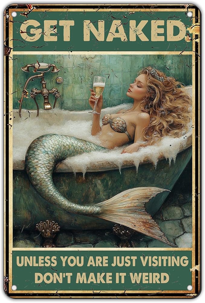 Mermaid Sign Vintage Tin Wall Decor Get Naked Sign Don't Make It Weird Iron Painting Mermaid Poster for Home Living Room Bathroom Toilet Hotel 12x8 Inch