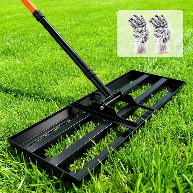 Lawn Leveling Rake 30x10 inch, Heavy Duty Lawn Leveler Tool with 78" Adjustable Handle, Curved Edge & Anti-Fracture Connectors Level Soil or Dirt Ground Surfaces for Backyard, Grass, Golf Course, Farm
