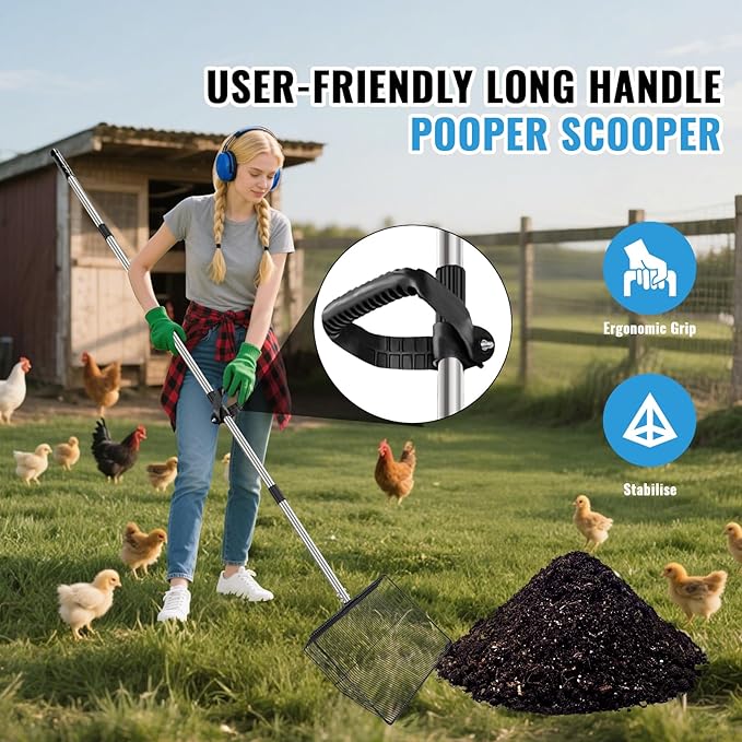 HitTopss Metal Chicken Poop Scooper, Large Chicken Coop Scoop with 38" to 77" Adjustable Stainless Steel Handle, Litter Sifting Shovel Chicken Coop Scooper for Sand, Pet, Chicken, Cat (15 inch)
