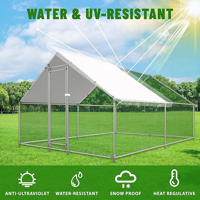 Large Metal Chicken Coop Walk-in Poultry Cage with Water-Resident and Anti-UV Cover Duck Rabbit Cat House Outdoor Chicken Run Pen with Spire Shaped Cage