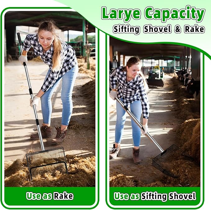10inch Large Metal Chicken Poop Scooper & Chicken Coop Scoop, 3-Level Adjustable Chicken Coop Scooper for Sand with Stainless Steel Handle, 4-in-1 Multi-Function Heavy Duty Manure Screening Shovel