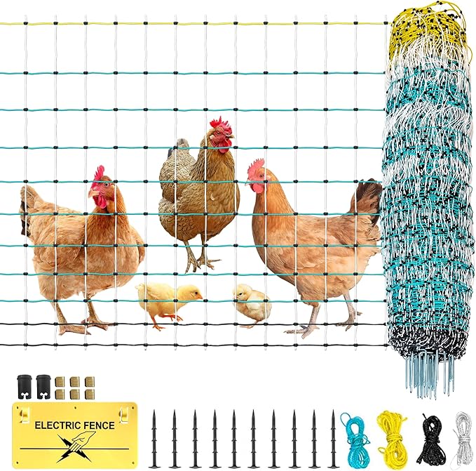 Poultry Netting Electric Fence - 41.5" H x 164' L, Portable Livestock Nets Mesh for Chickens, Ducks, Geese, Turkey, Electric Fencing for Backyards, Homesteaders, Farms, Ranches, Gardens