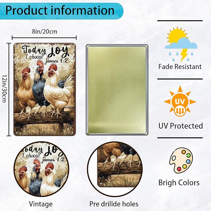 Funny Chicken Farm Animal Tin Sign Retro Metal Wall Decor Vintage Today I Choose Joy Wall Art Poster for Home Outdoor Garden Chicken Coop Farm Decor Gift 12x8 Inch