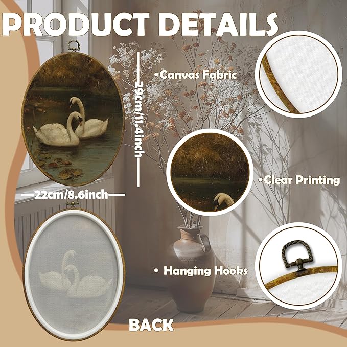 CUANFDDSF Vintage Swan Oval Wall Art Decor, Modern Farmhouse Swan Wall Hanging Decor, Moody Cottagecore Farmhouse Antique Animal Framed Canvas Prints for Home Bedroom Living Room, 8.6x11.4 Inch