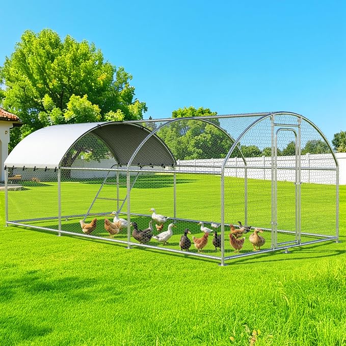 Large Metal Chicken Coop with Roosting Perch, Walk-in Poultry Cage Chicken Run House Chicken Pen Dome Shaped Coop with Waterproof Cover for Outdoor Backyard Farm Use (10' L x 19.7' W x 6.4' H)