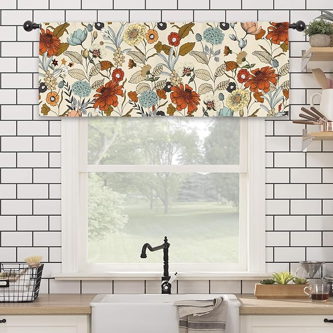Flower Vintage Kitchen Curtain Valance 54W x 18L Inch Burnt Orange Blossom Botanical Plant Rod Pocket Short Cafe Small Window Treatment Drapes Decor