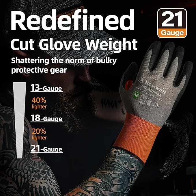 Schwer A6 AIR-SKIN Cut Resistant Work Gloves, Comfortable & Breathable, 21-Gauge Seamless Knit Flexible Safety Working Gloves with Grip for Refined Tasks, Touch-screen, 2 Pairs, M, AR5926