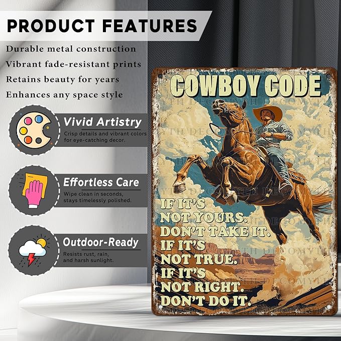 Retro Cowboy Riding Horse Cowboy Code Poster for Home Farm Outdoor Bathroom Restaurant Cafes Bars Club Kitchen Garage Cute Vintage Art Wall Decor 12 * 16inch