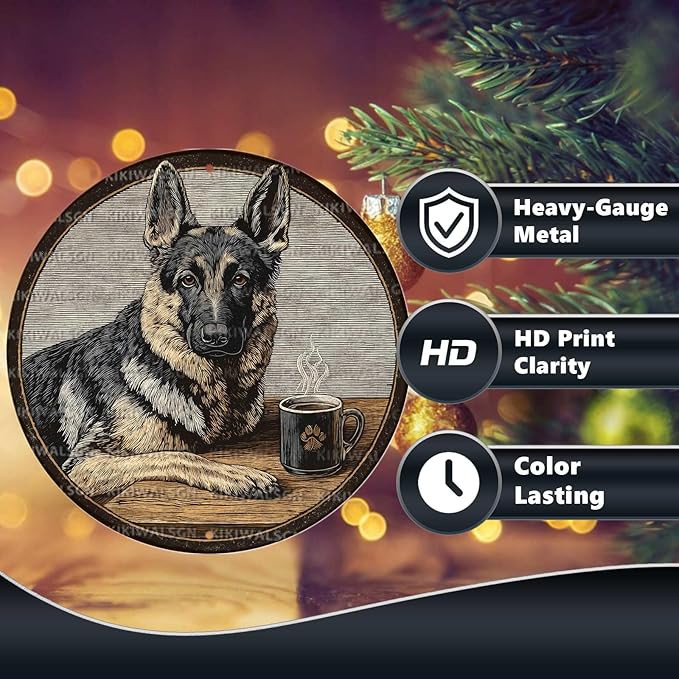 Vintage German Shepherd Dog Round Metal Sign Retro Coffee Tin Sign Nostalgic Dog Lovers Wall Decor Decorations for Home Bedroom Living Room Cafe Bar Man cave Office 8 * 8 In