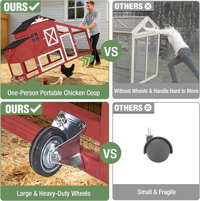 Mobile Chicken Coop with Run, Large Wooden Hen House Poultry Cage with Wheels, Nesting Box, Pull-Out Tray, Waterproof Roof, Red, 73.4" L x 27.9" W x 43.2" H, for 3-5 Chickens