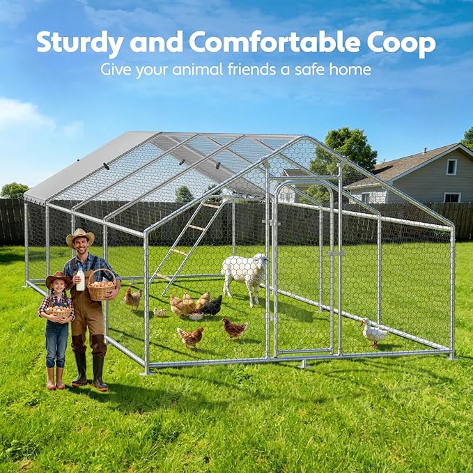 Large Metal Chicken Coop with Roosting Perch, Waterproof and UV Protection Cover, Chicken Run Outdoor Walk-in Cage Chicken Rabbit Duck Hen House for Yard Farm Use Spire Roof(10’ W x 26.2’ L x 6.4’ H)