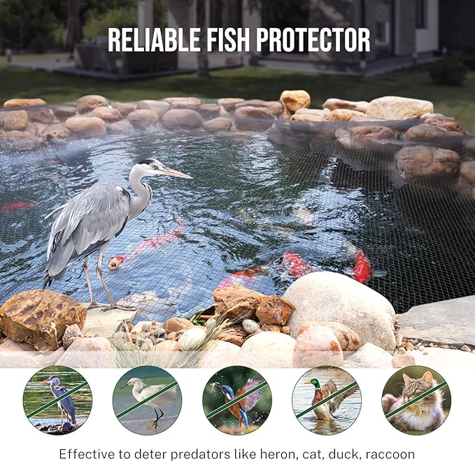 20 x 30Ft Pond Netting for Koi Ponds, Koi Pond Net Cover, Durable & Sturdy Pond Netting Cover for Leaves, Protect Koi Fish Against Herons, Raccoons, Cats & Predators, 14pcs Stakes Included