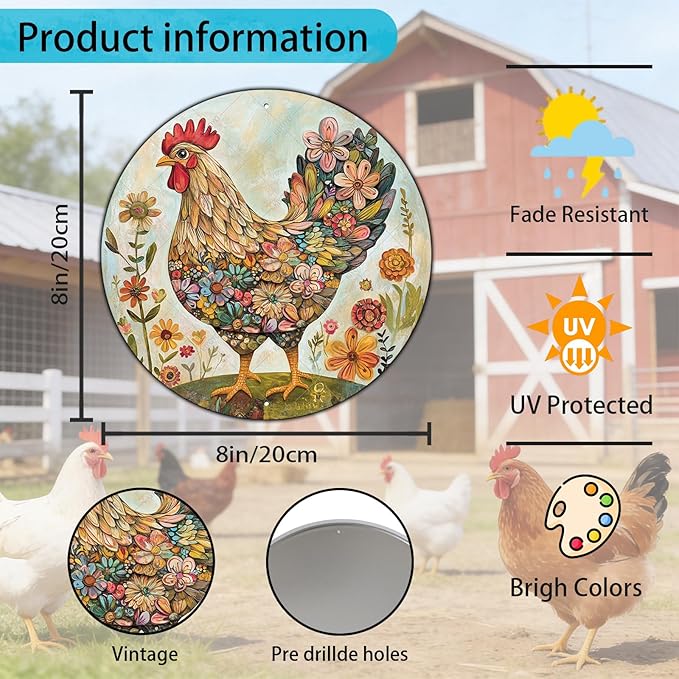 Chicken Coop Hen Round Metal Tin Sign Flower Wreath Wall Decor Farmhouse Outdoor Wall Art Decoration for Chicken Lovers Decor 8 Inch