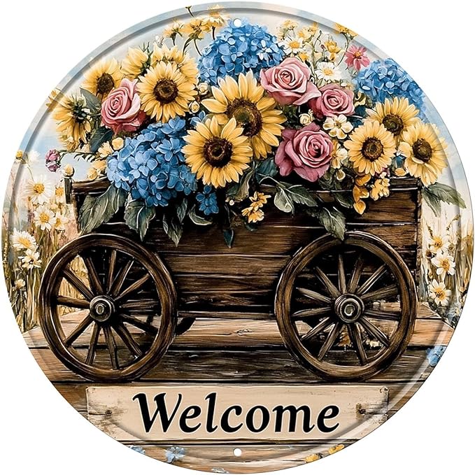 Round Flowers Welcome Metal Tin Sign Wreath Vintage Wall Decor for Farmhouse Home Kitchen Garden Office Backyard Patio 8x8inch