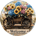 Round Flowers Welcome Metal Tin Sign Wreath Vintage Wall Decor for Farmhouse Home Kitchen Garden Office Backyard Patio 8x8inch