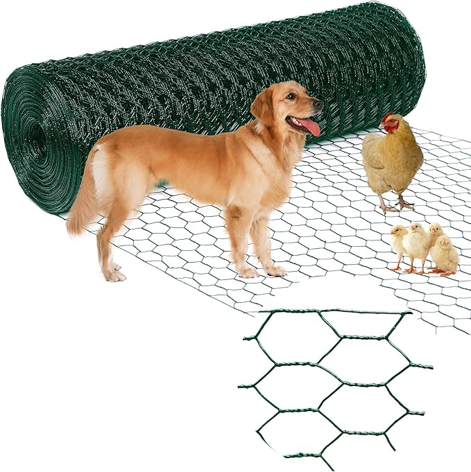 Chicken Wire12inx150ft, Premium Chicken Wire Fencing, Chicken Wire Mesh, Green PVC Coated Metal Wire Fence, Galvanized Poultry Netting Barrier for Floral Arrangements/Craft Projects//Rabbit